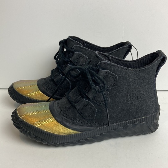 SOREL NWT Out N About Waterproof Boots Black Gold Lace Up Sz 6 Waterproof Winter - Picture 4 of 16